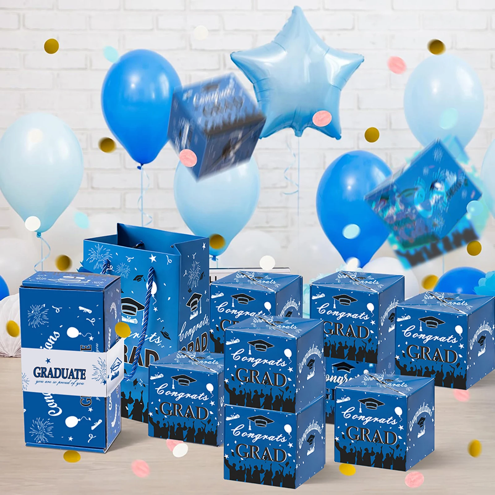 2026 Abschluss-Überraschungs-Pop-up-Geschenkbox, neuartige faltbare blaue Umschlagbox für Absolventenparty-Geschenktüten-Set