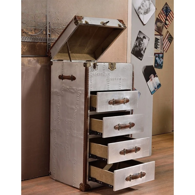 

American rural four-chest cabinet LOFT industrial style aluminum leather rivet metal retro do old edge several hotel storage