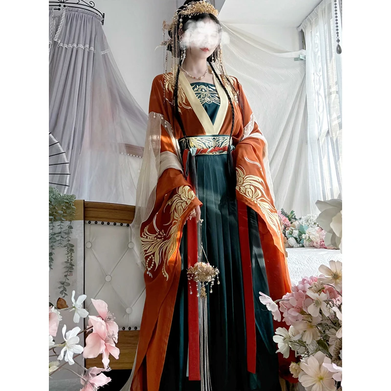 4pcs/Set Hanfu Embroidery Costume Vintage Chinese Fairy Big Sleeve Cosplay Halloween Black Red Traditional Stage Performance