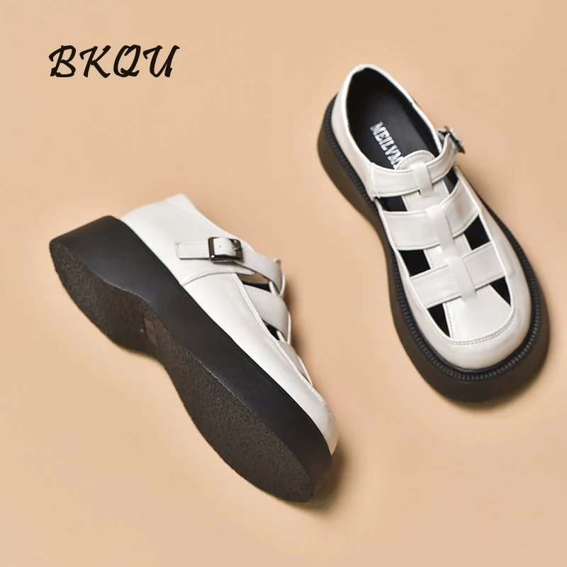 

BKQU Thick Soled Roman Shoes Women 2024 Summer New Retro Hollow Platform Shoes Small Height Increase Woven Sandals