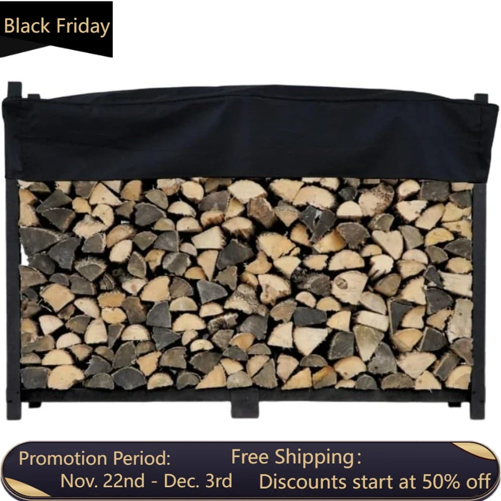 6 Foot Black - Heavy Duty Made in the USA - Outdoor Cord Firewood Storage Log Rack With Seasoning Cover Set - Metal Firewood