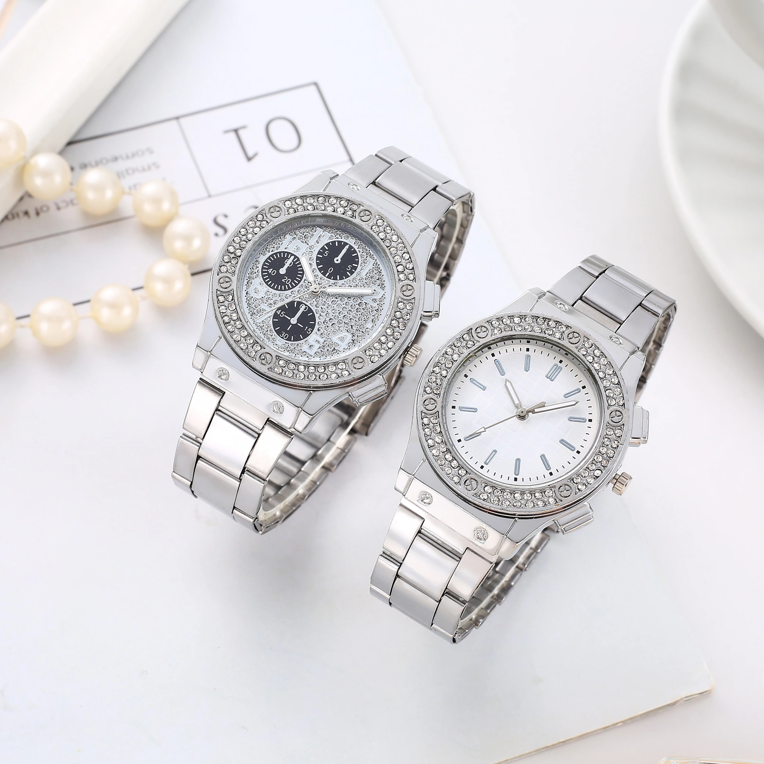 

Fashionable trend business leisure atmosphere three-eye dial pointer style steel strap diamond inlay men's wristwatch