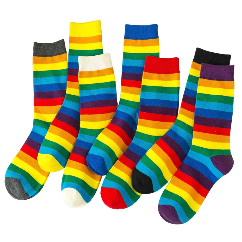 

1 Pair Autumn and Winter Korean Style Long Rainbow Multi-color Striped Cotton Socks High Quality 2026 Women's Mid Length Stocks