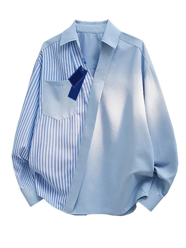 

Мужская рубашка свободного кроя с асимметричным дизайном, длинными рукавами, в полоску, с воротником-стойкой, модная верхняя одежда для осени