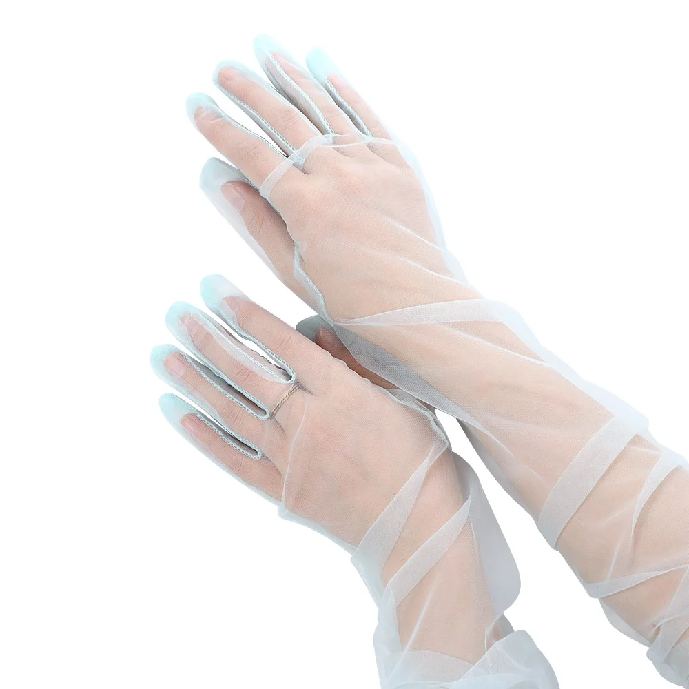 Fashion Silky Sheer Tulle Elbow Women Thin Gloves Lace Mitten Five Fingers Mitts Women Gloves