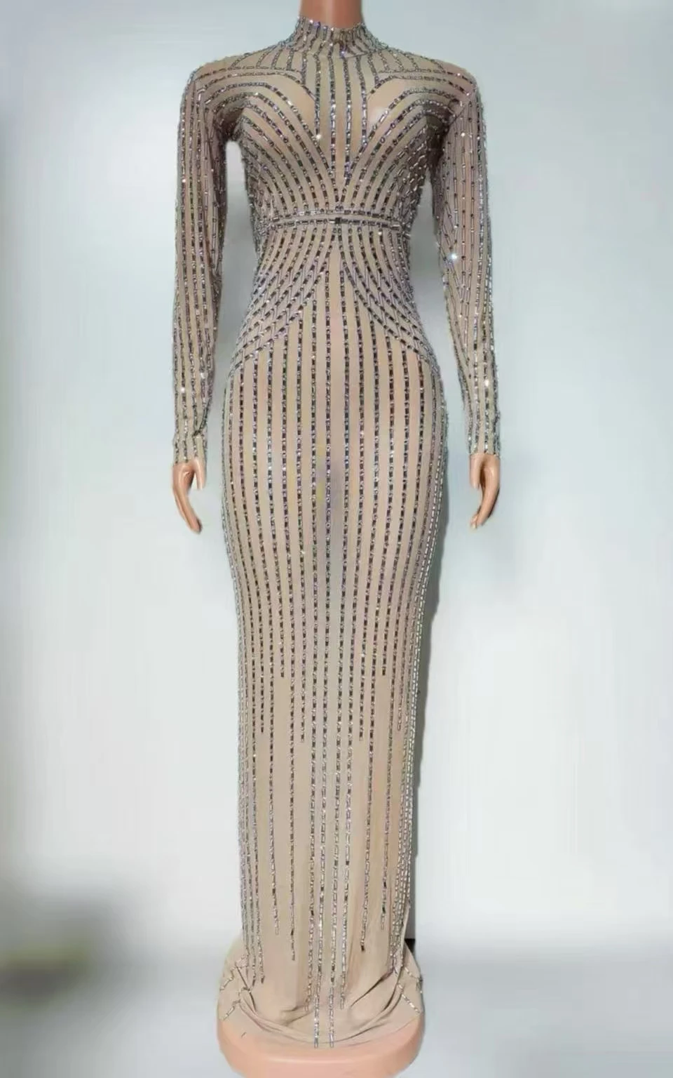 

Renxinglu Elegant Women Long Sleeved Dress Sparkling Diamond Transparent Mesh Evening Dress Wedding Birthday Cocktail Prom Gowns