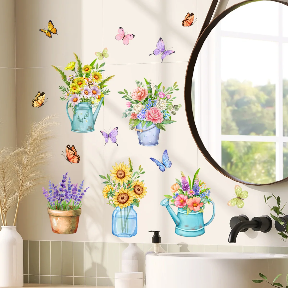 30*60cm Plants Flowers Potted Butterfly Wall Stickers Background Wall Living Room Bedroom  Restaurant Decorative Wall Stickers