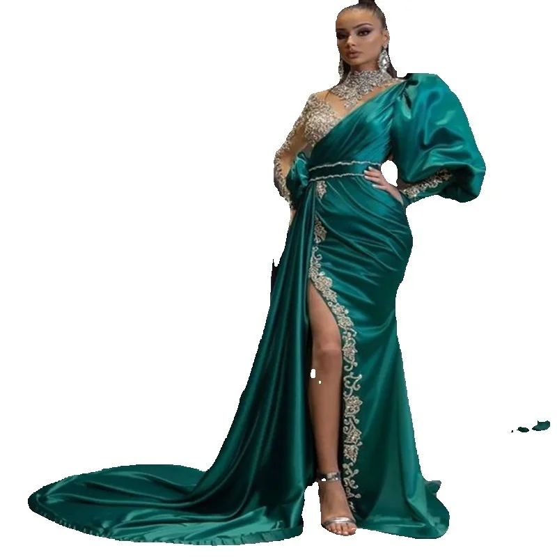 Evening Party Dress Women Elegant Beading Side Split Satin Lantern Sleeve Green Wedding Prom Gown Long Maxi Dresses 2021