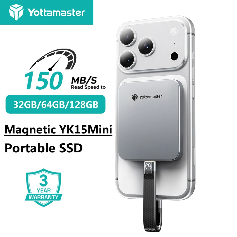 Yottamaster Mini Magnetic Portable SSD 150MB/s USB C FlashPod 32GB 64GB 128GB External Hard Drive for iPhone 18/17/16/15 Pro/Max