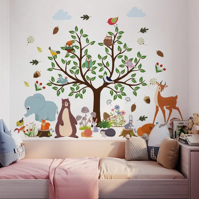 

Cartoon Animal Forest Wall Stickers for Kids Room Nursery Bedroom Classroom Decorative Art Decor Self Adhesive Removable