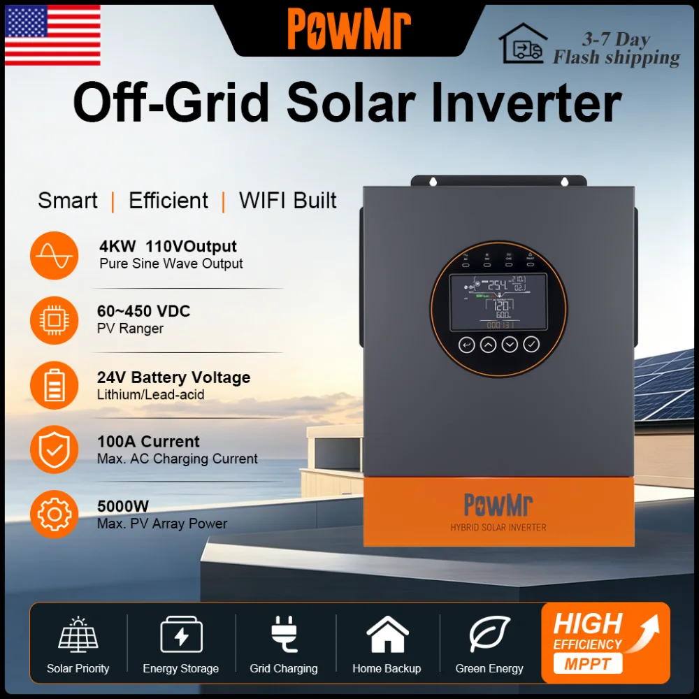 POWMR MPPT Solar Inverter 4kW Off-Grid Pure Sine Wave UPS Max 500V PV Input for 24V LiFePO4 Battery Built in BMS RS485 CAN with Dual AC Output for Home RV Inversor