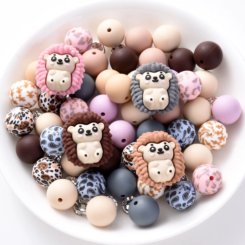 28Pcs Silicone Bead Set Hedgehog Shaped Animal&Round Teether Beads For DIY Handmade Necklaces Bracelets Pacifier Chains Making