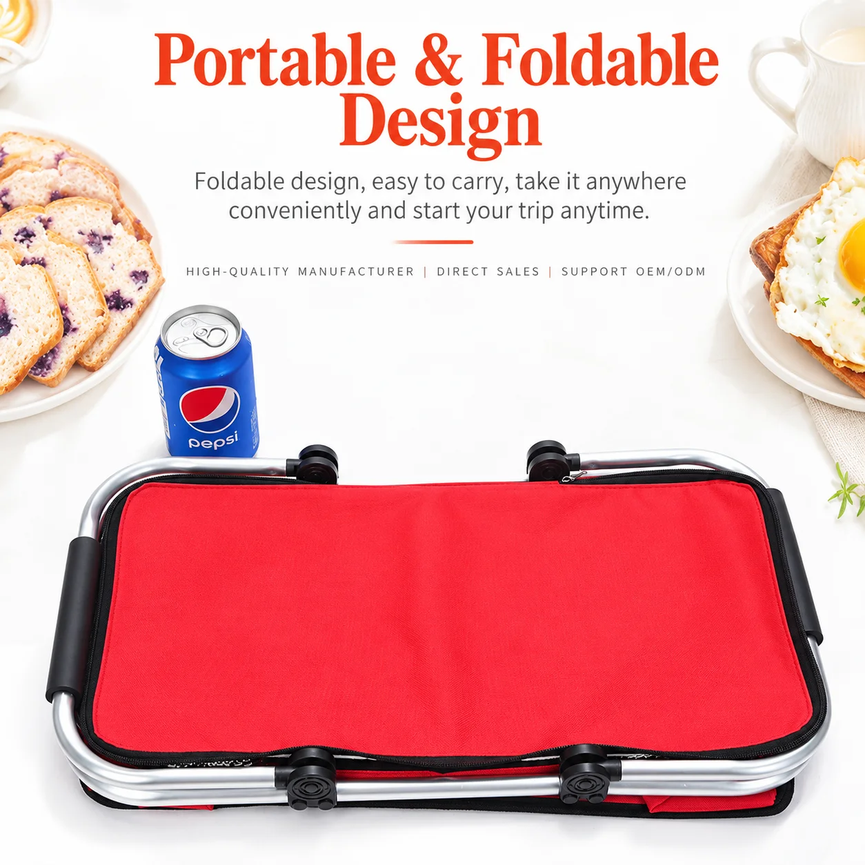 Foldable Insulated Picnic Basket with Aluminum Frame Handles, Large Capacity Reusable Shopping Cooler Bag for Camping Grocery Tr