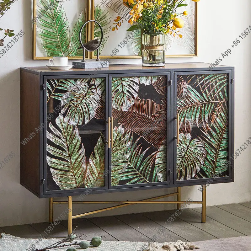 

American retro home entrance cabinet green painted glass door is facing the integrated wall storage side cabinet