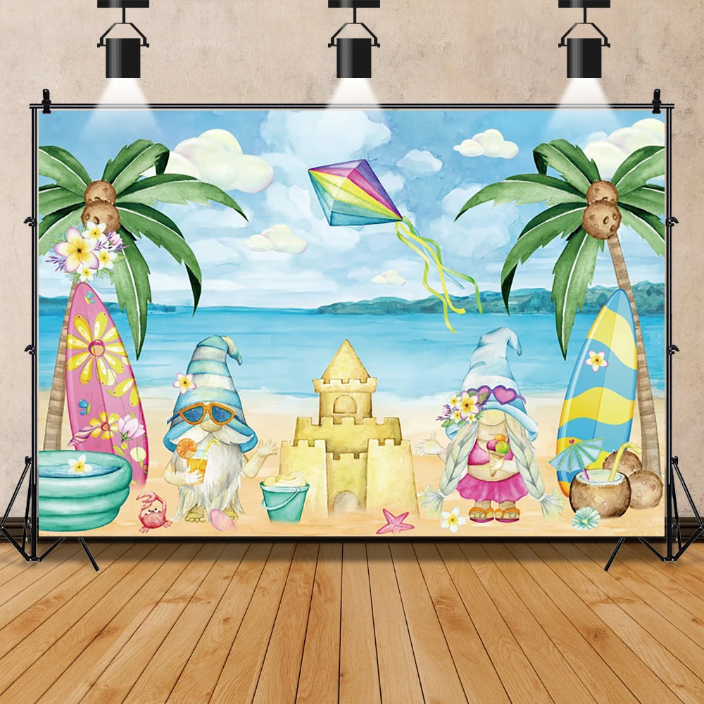 Laeacco Summer Beach Ocean Backdrop Seaside Tropical Palm Trees Goblin Kids Bithday Portrait Customized Photography Background