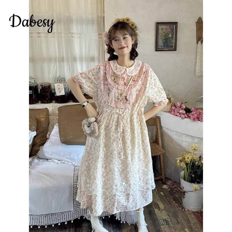 Vintage Flower Patchwork Dress For Women Japanese Mori Girl Doll Collar Kawaii A-Linen Dress Summer Lace-up Loose Midi Vestidos