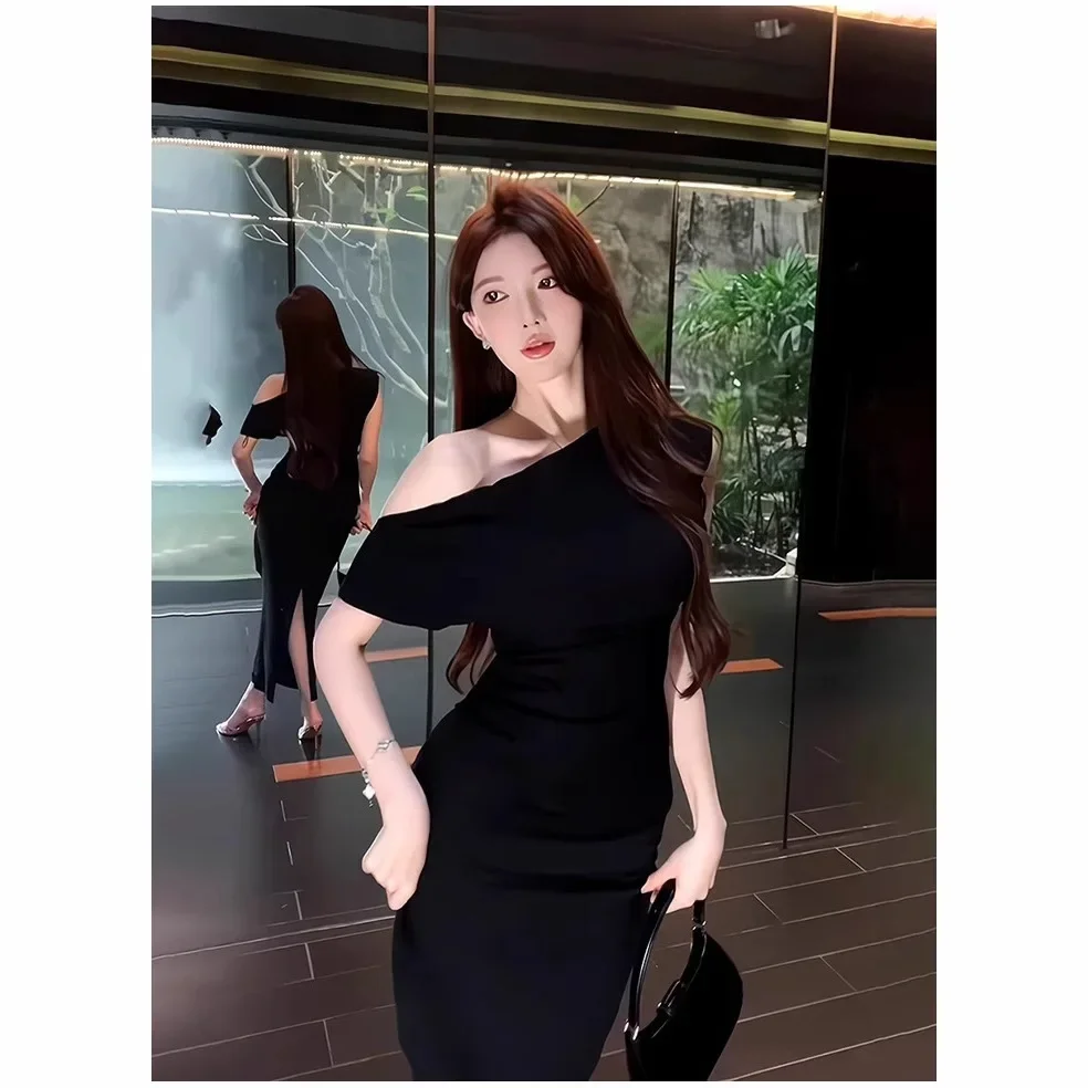 Estilo francês assimétrico ombro envoltório vestido feminino verão elegante saia longa manga curta império cintura joelho comprimento vestido