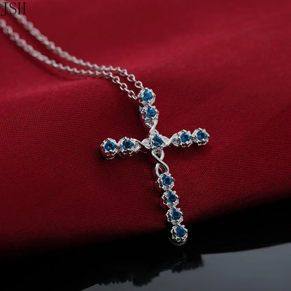 

Hot 925 Sterling Silver Necklace For Women Zircon Cyrstal Cross Pendant Jewelry Fashion Cute Engagement Wedding Party Gift