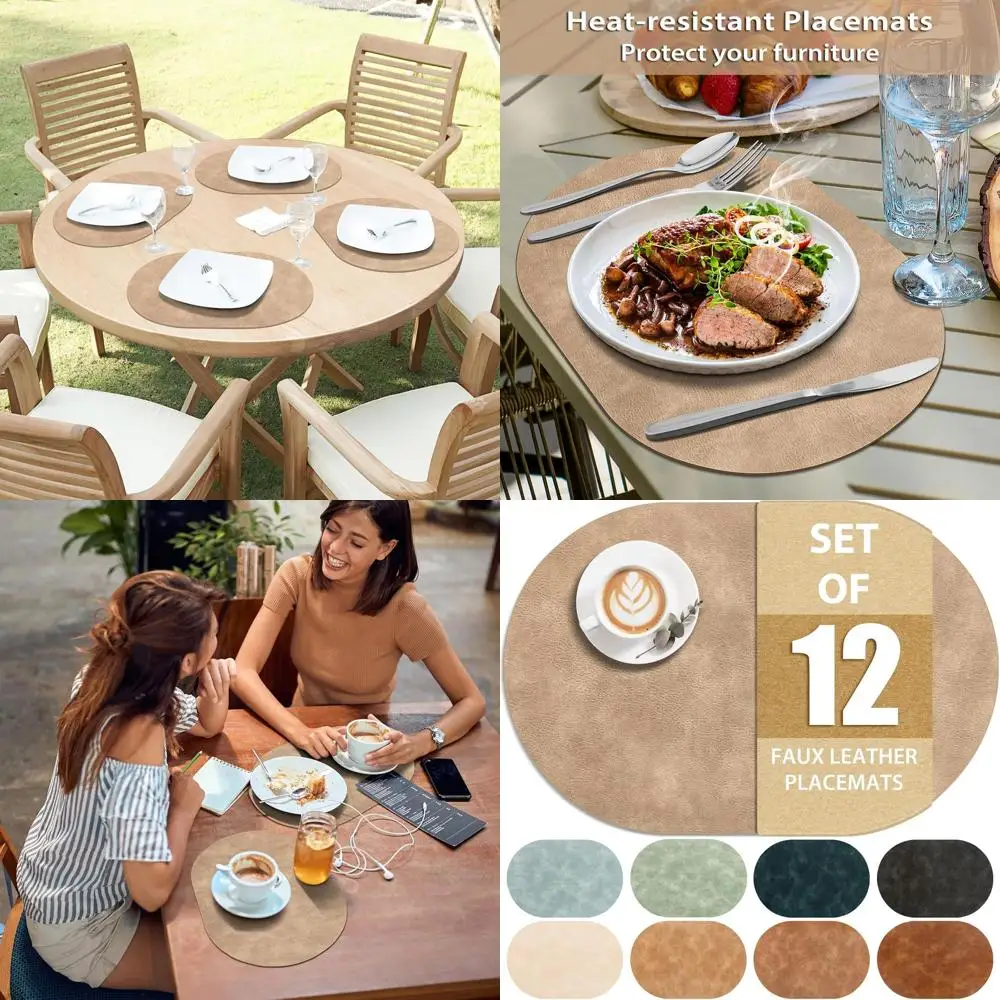 

Set of 12 Heat-Resistant Oval Placemats, Washable 12x17 Inch Waterproof Faux Leather Table Mats for Kitchen and Dining Room, Apr