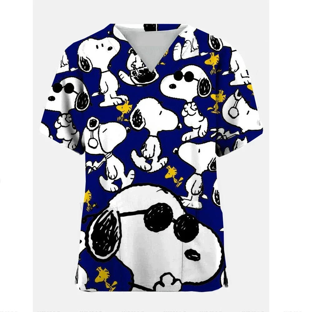 2024 Summer Snoopy cartoon printed nurse uniform V-neck pocket women's T-shirt top outing activity uniform Laboratory Clothing