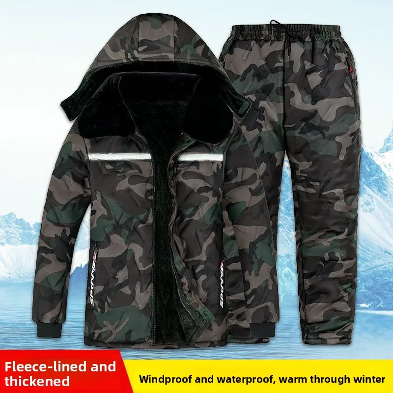 Thiened Fce 위장 작업복 세트 방수 냉장 작업 보호복 따뜻한 겨울 자켓 바지 앙상블