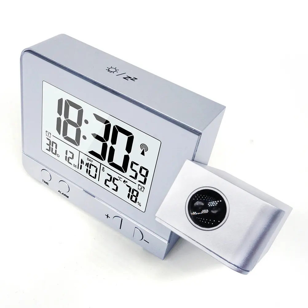 多機能プロジェクション-led-時計-シルバー-usb-目覚まし時計-ダブルアラーム-温度-日付-時刻表示-ホーム-オフィス-学校用