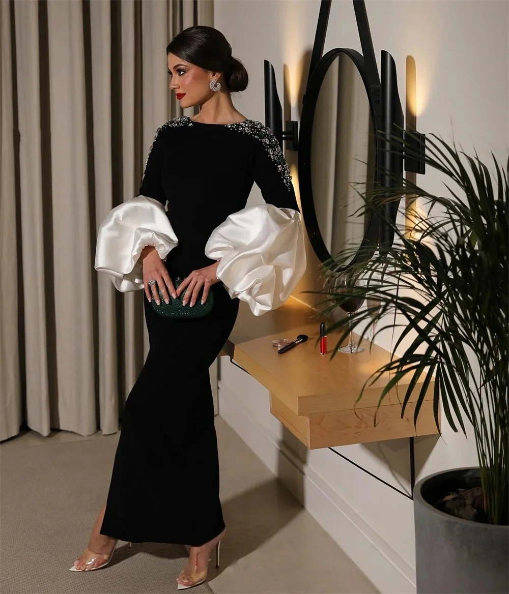 New Shiny Black Formal Dress O-Neck Crystal Appliques Long Sleeves Mermaid Sheath Ankle-Length Satin Evening Dress Party Dress