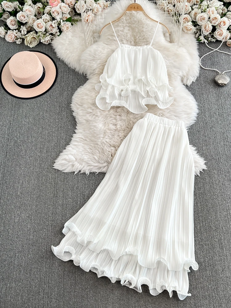 

Fashionable Holiday Set Light Maturity Fairy Atmosphere Lace Trim Halter Top Two Piece Set High Waist Slimming Skirt