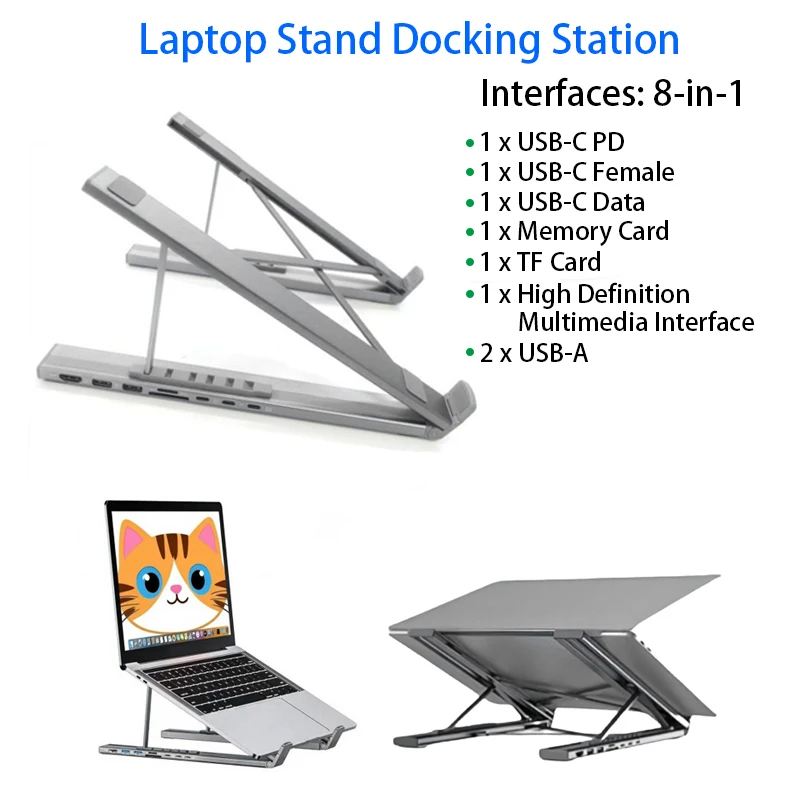 8 IN 1 Laptop Stand Docking Station Aluminum Alloy Foldable and Liftable USB-C Docking Station