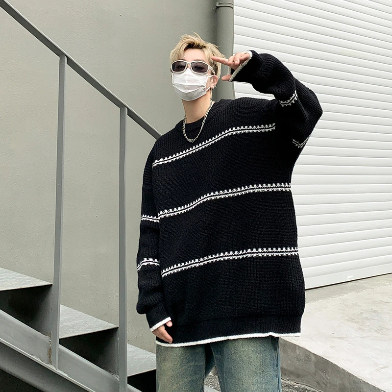 

KAPMENTS Men Streetwear Harajuku Vintage Knitwears Oversized Knitted Sweater Winter Korean Fashions Striped Sweaters Pullovers