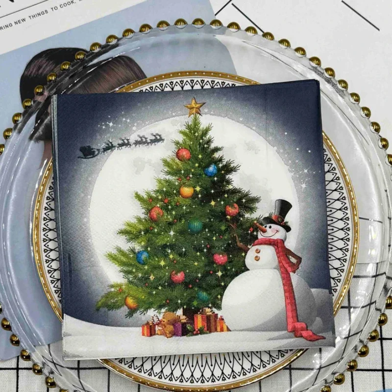 20p Christmas Party Decoration Paper Christmas Tree Snowman Printed Napkin Christmas Element Wine Glass Flower Paper Placemat