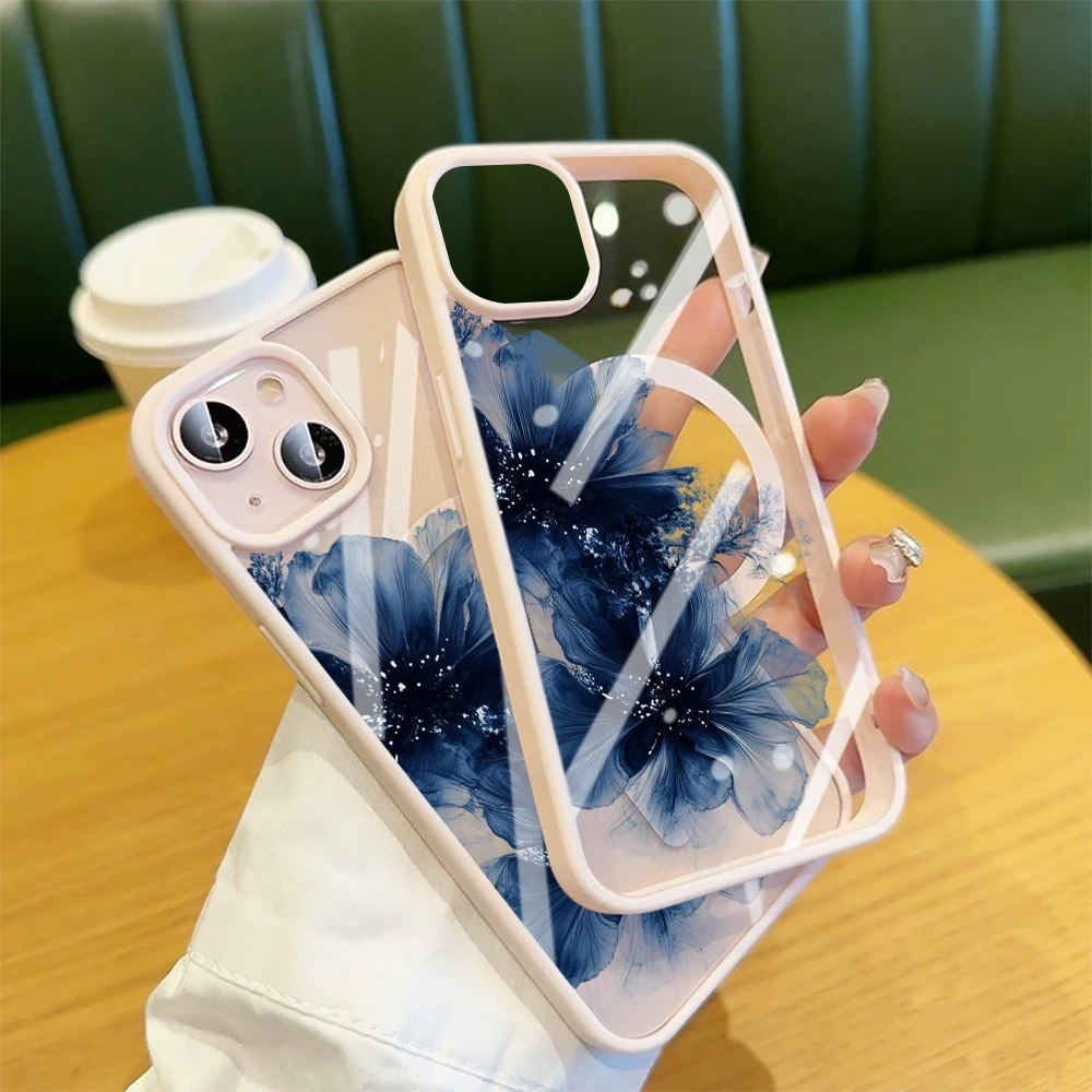 Tintenblaue Blumen-Transparenthülle für Magsafe iPhone 11 15 16 Pro Max 17 14 11 13 12 Pro Max Plus Hülle Magnetisches Kabelloses Laden Coque – Detail 5