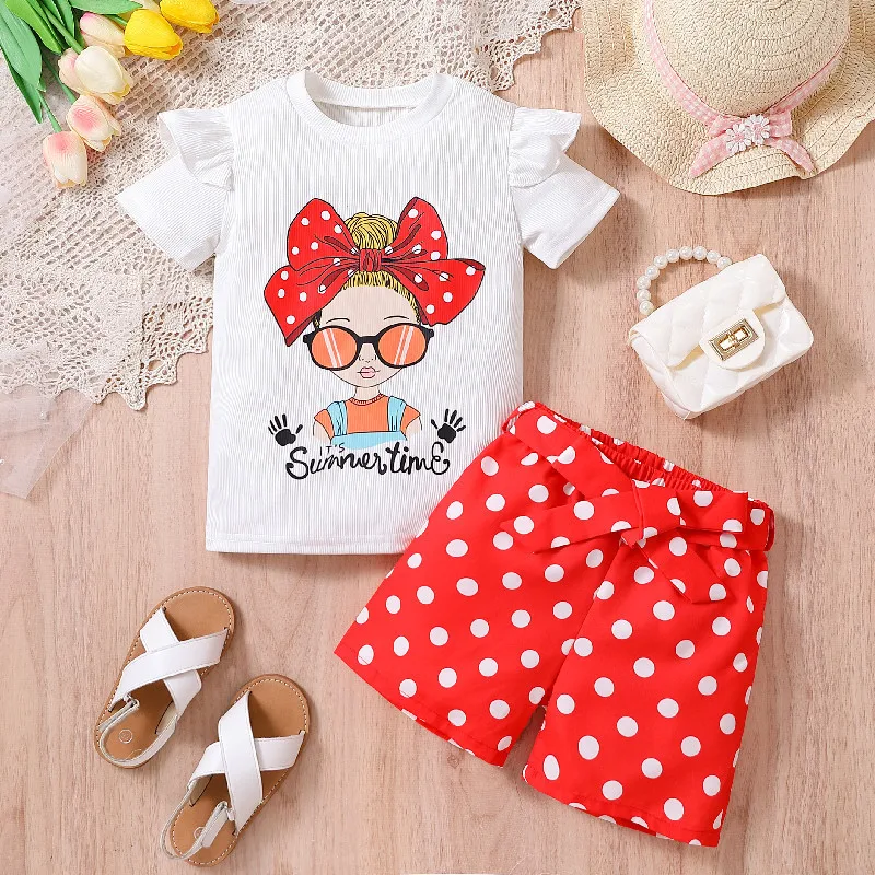 

Summer 2024 Girls Clothes Sets Short-sleeve T-shirt+shorts Sport Suits for Kids Dot Cartoon Children Casual Sets Baby Outfits