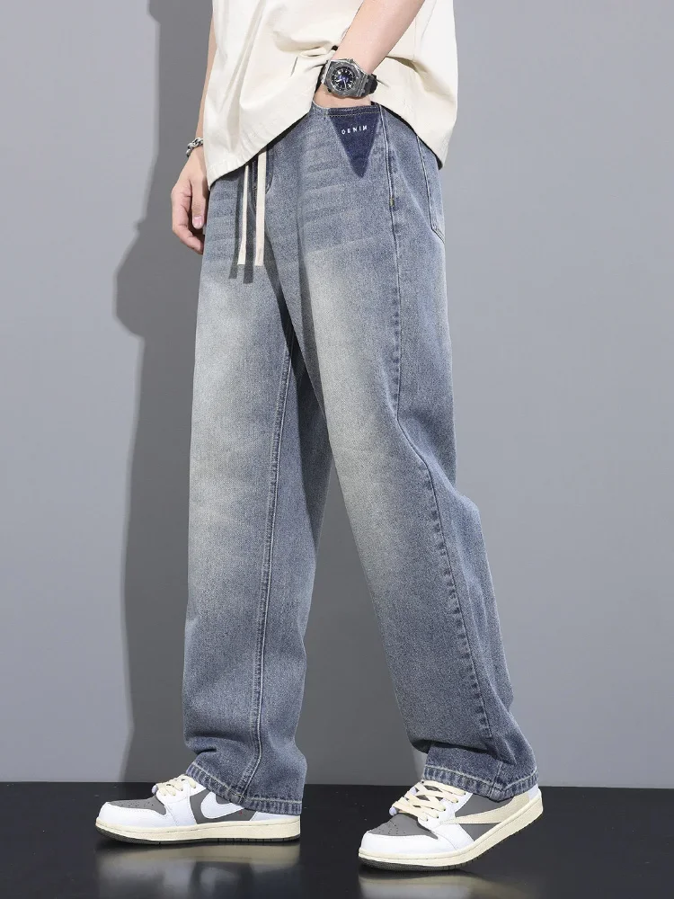 

Pop Spring New Vintage Jeans Men's Drawstring Korean Fashion Printed Pants Loose Comfortable Casual Wide Denim Trousers