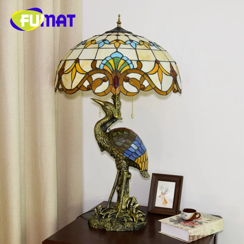 FUMAT Tiffany stained glass desk lamp Male crane Baroque Art Deco living room Dining room bar bedroom Bedside gift office lamp