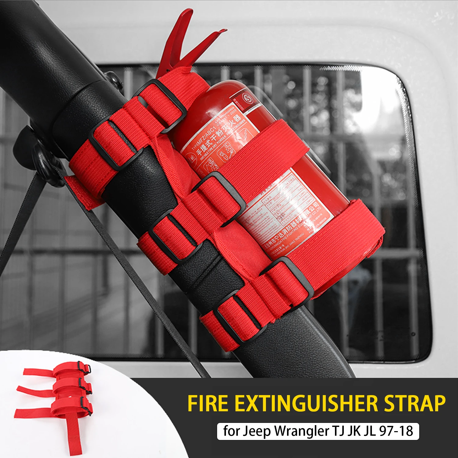 Car Roll Bar Fire Extinguisher Holder Car Accessories Fire Extinguisher Mount Strap for Jeep Wrangler TJ JK JL 97-18