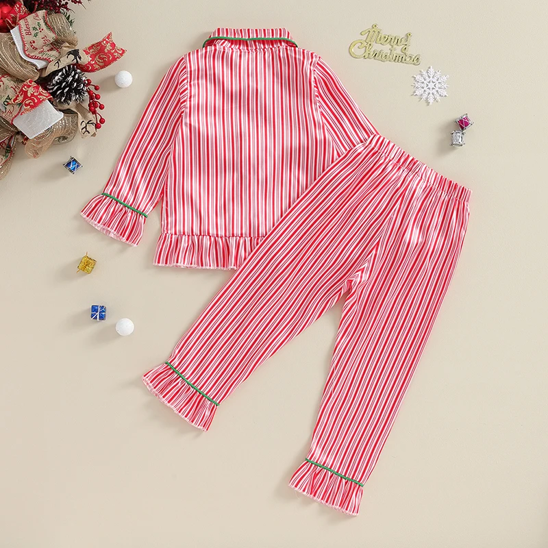 Kids Girls Autumn Satin Pajama Sets Long Sleeve Lapel Shirt + Striped Print Pants Loose 2 Pieces Sleepwear