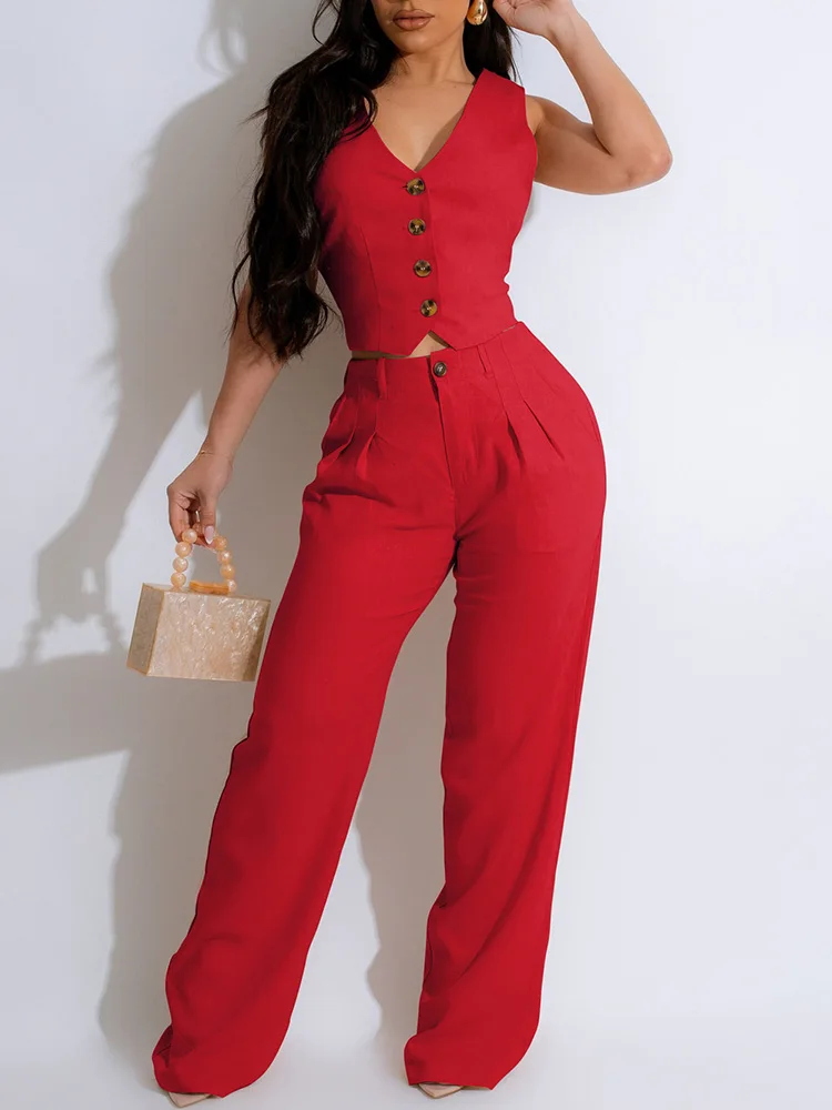 Buttoned Sleeveless V Neck Crop Tops & Pocket Pants Set Women Casual OL Two Piece Set Outfits