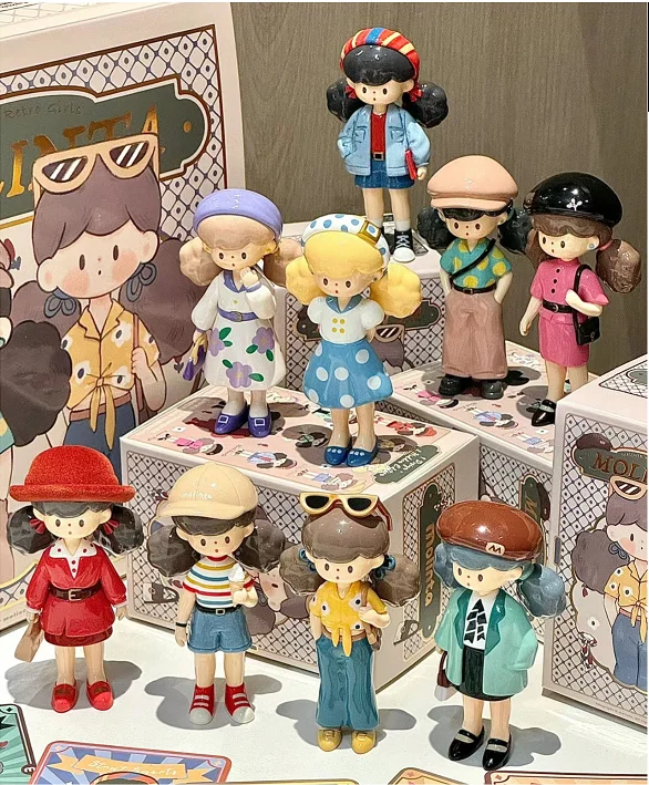 本物の Molinta レトロガールズシリーズブラインドボックスおもちゃかわいいアクションアニメフィギュアかわいいミステリーボックスモデルデザイナー人形デスクトップデコラ