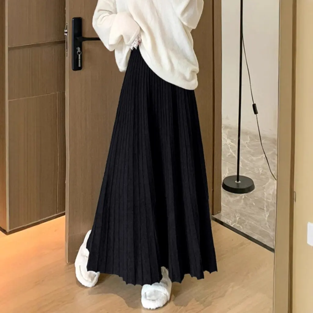 Damen-Strickrock mit hoher Taille, A-Linie, schlankmachender, gestapelter Taillen-Plissee-Swing-Regenschirmrock für Herbst und Winter