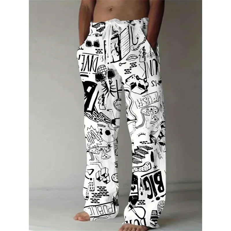 Men'S Summer Fashion Casual Pants 3D Cartoon Print Stretchy Drawstring Waist Breathable Comfort Suitable For Outdoor Activities