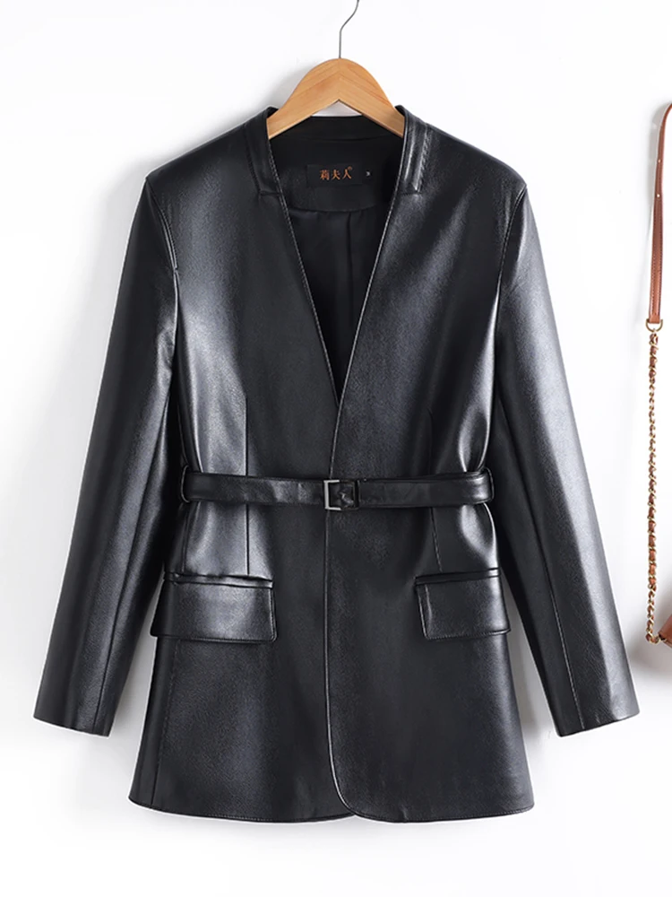 Nuovo Cappotto Donna Primaverile Autunnale in Pelle di Pecora a Mezza Lunghezza con Chiusura a Cerniera, Maniche Lunghe e Scollo a V, con Cintura in Vita