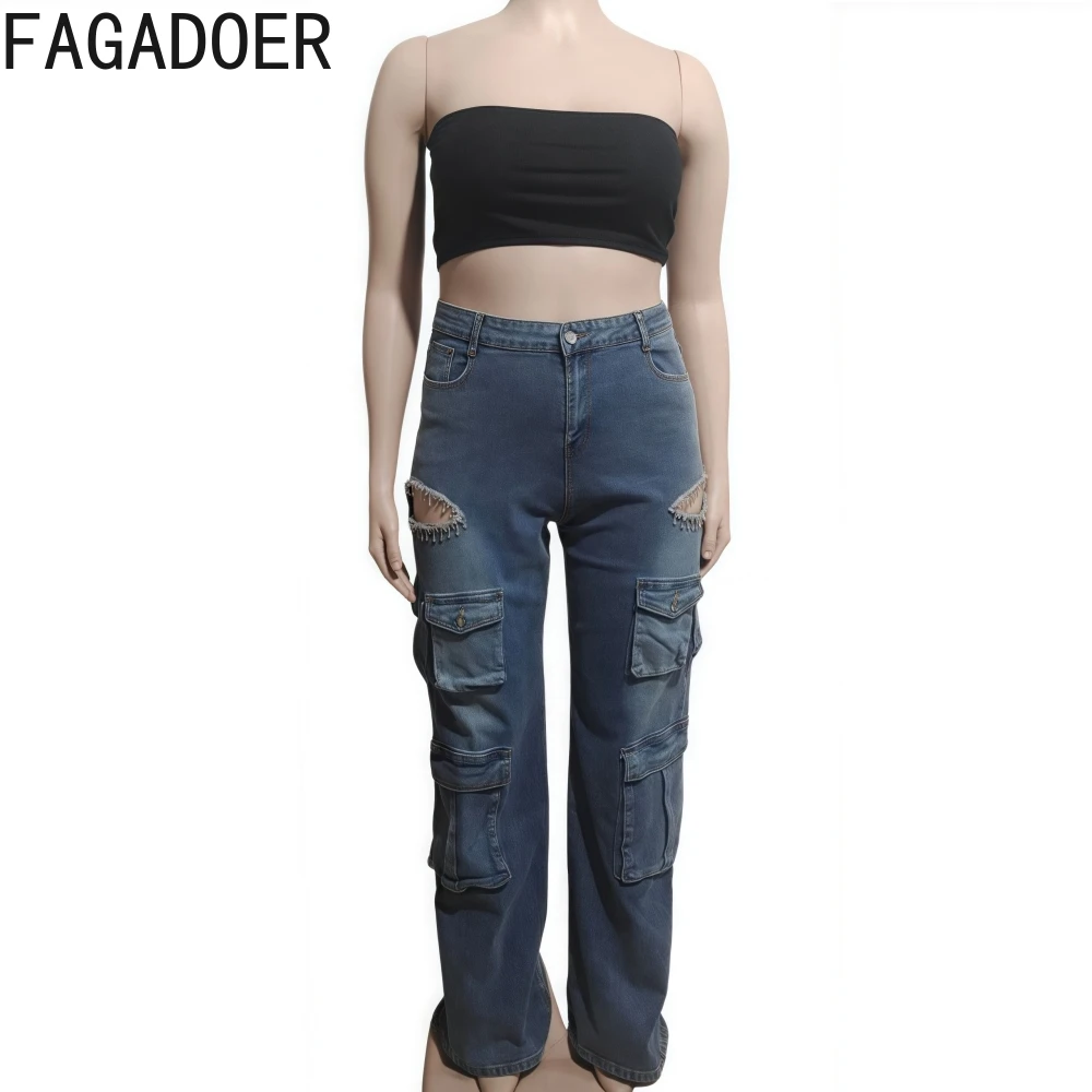 FAGADOER Summer New Fashion Rhinestone Patchwork Denim Pants Women Hollow Out Cargo Pocket Jeans Female Streetwear Bottoms New