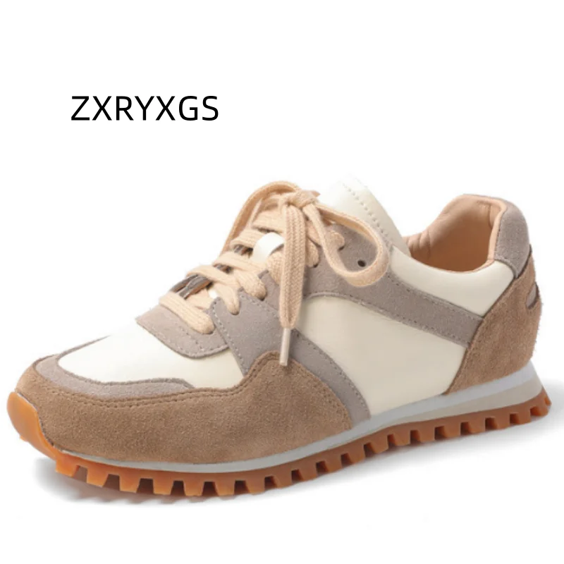 ZXRYXGS Frosted Cowhide Splicing Women Leather Sneakers Flat 2025 Spring New Colored Round Toe Lace Up Casual Sneakers Shoe Tide