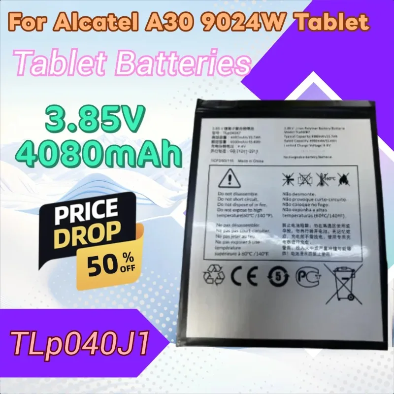 

100% новый сменный аккумулятор для планшета 3,85 В, 4080 мАч TLp040J1 для планшета Alcatel A30 9024 Вт