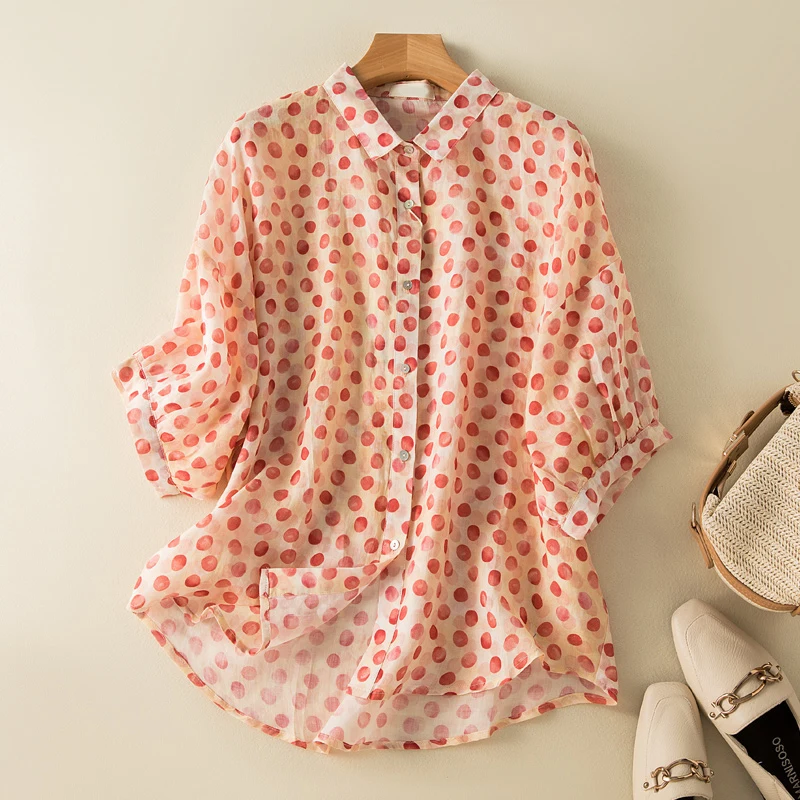 New Polka Dot Thin Summer Blouse Shirt Short Sleeve Elegant Office Ladies Women Casual Loose Tops Elegant Blusas