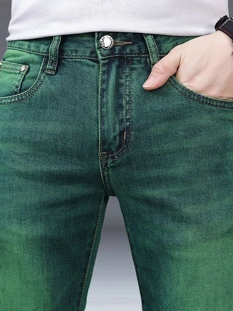 2024 Spring and Autumn New Fashion Trend Straight Leg Stretch Green Jeans Men\'s Casual Comfort Breathable High Quality Pants