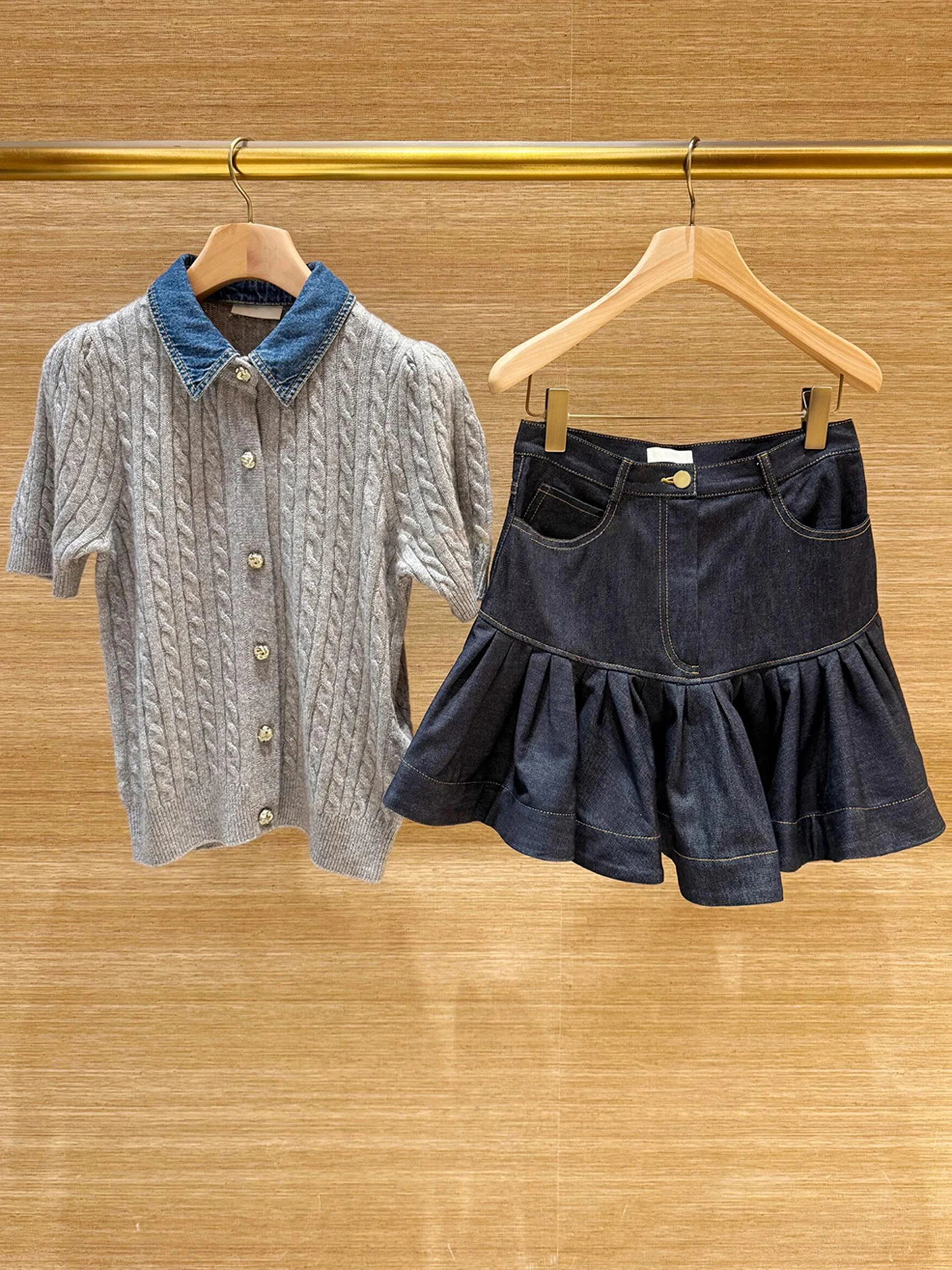 

Высококачественный вязаный открытый кардиган, топ и джинсовая юбка для женщин, комплект Faion с отложным воротником и пуговицами