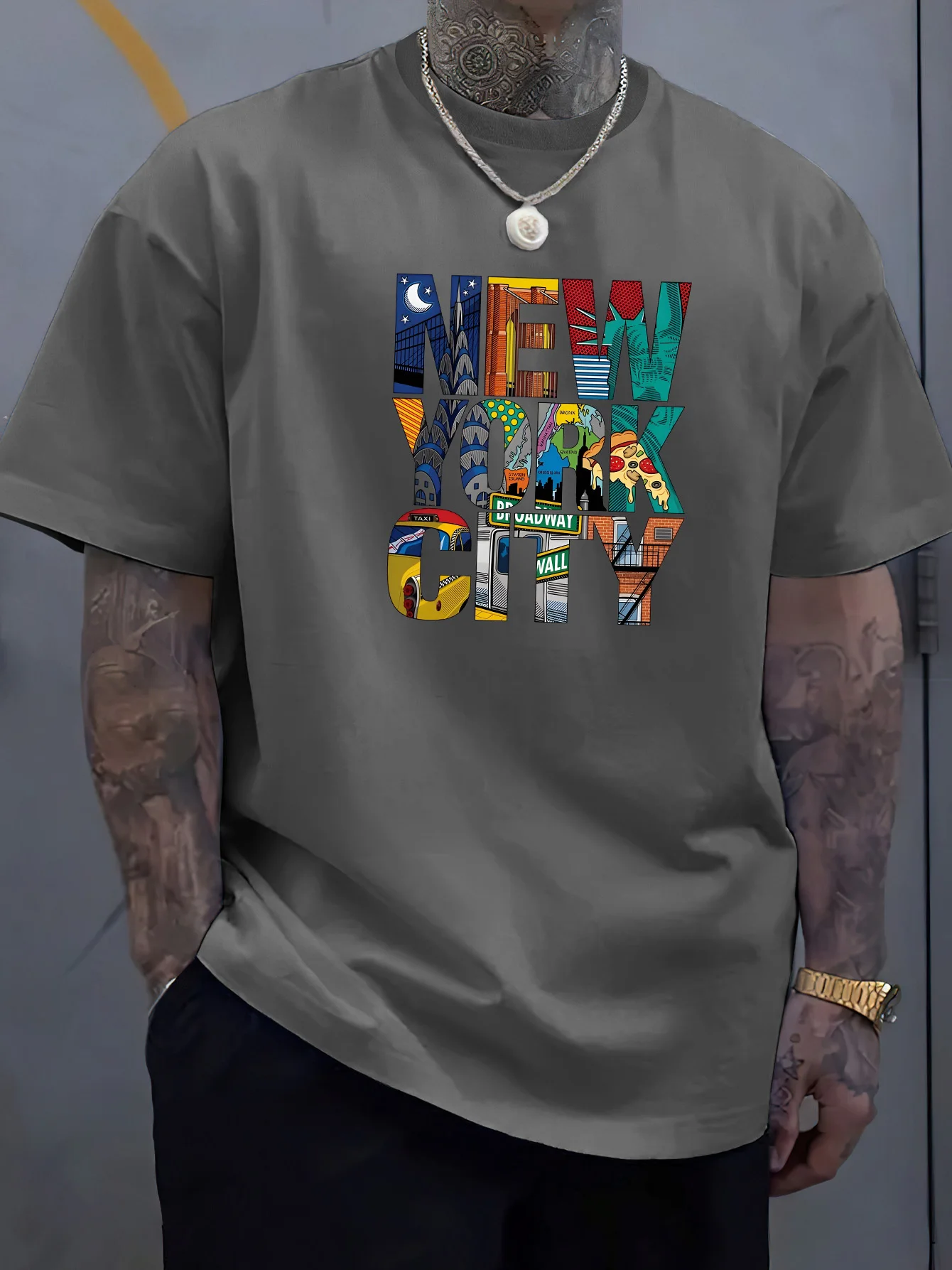 Summer men's 100% cotton comfortable casual loose plus size NEW YORK CITY printed sports round neck short sleeved T-shirt top image 4