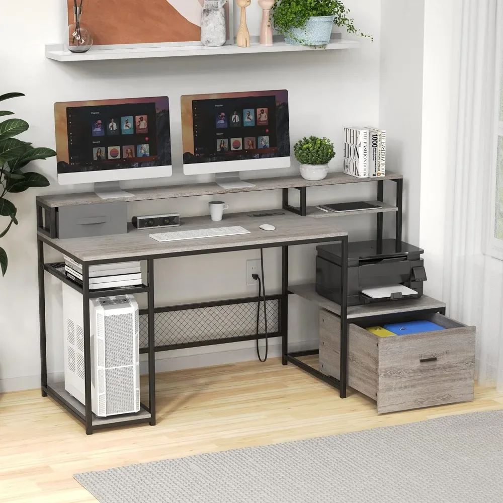 Home Office Desk with Monitor Stand, 66-inch Computer Desk with Power Outlet, USB Charging Port, Drawers and Storage Shelves